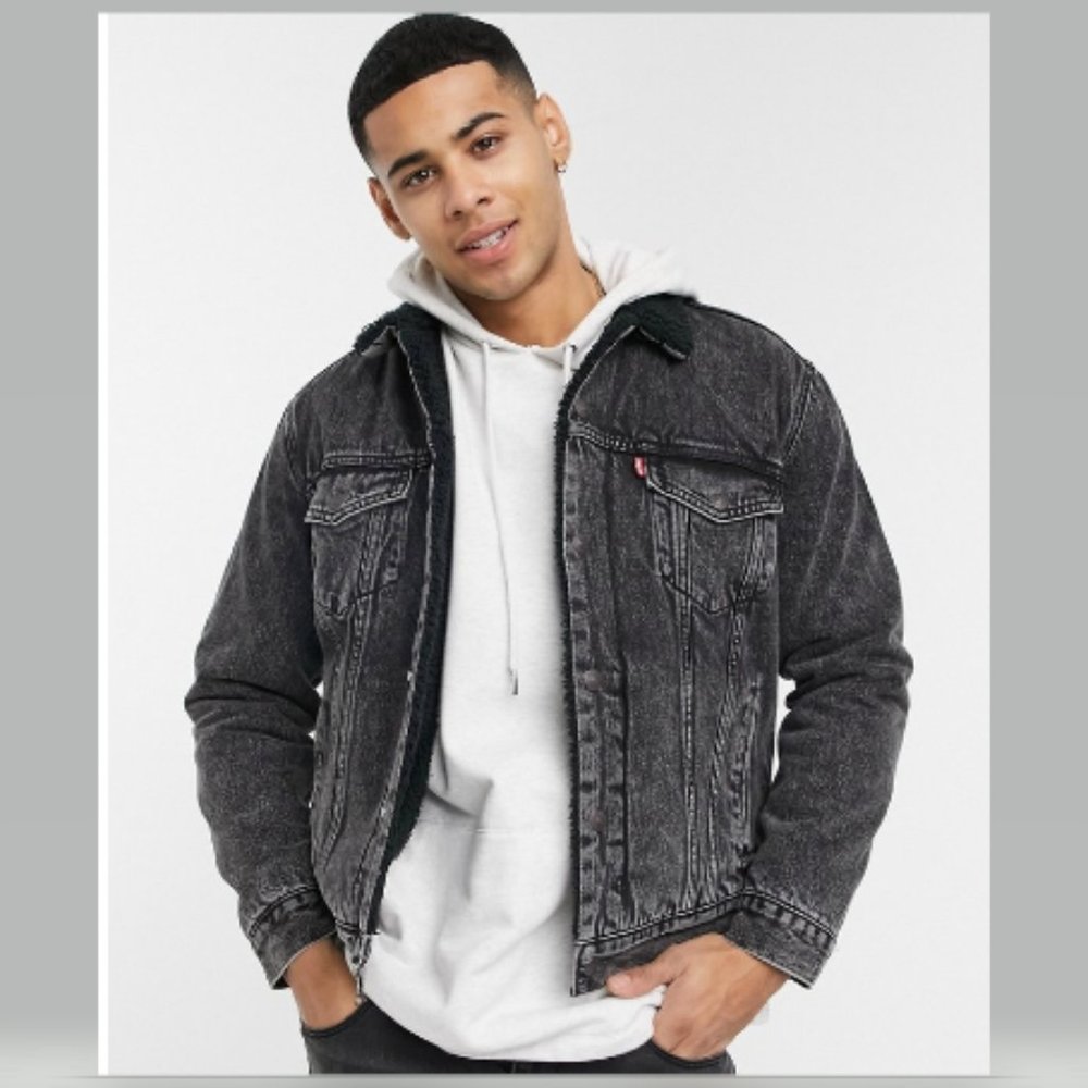 Levi’s Premium Sherpa Trucker Jean Jacket “Roadster” Black Faded Black Sherpa